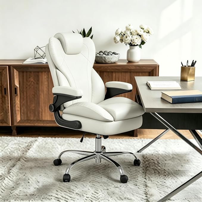 Office Desk Chair, Executive Leather Office Chair, High Back Ergonomic Home Desk Chair with Padded Flip-up Arms, Big and Tall Computer Chair with Rocking Function, 360°Swivel Free, White