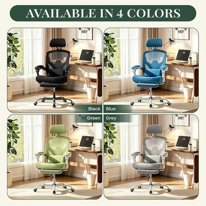 Ergonomic Office Chair with Footrest, High Back Home Desk Computer Chair with Lumbar Support & Headrest, 90-135° Reclining Mesh Back with Wheels for Work, Gaming, Blue