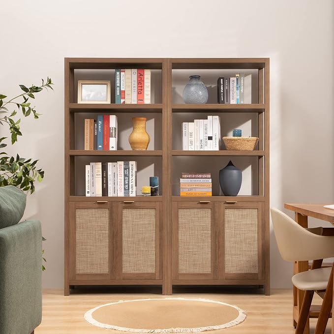 SICOTAS Bookshelf 5 Tier Book Shelf Rattan Boho 71" Tall Bookcase with Doors Storage Shelves Large Bookshelves Farmhouse Bookcases Library Book Case for Living Room Bedroom Home Office Kitchen | Book Shelf