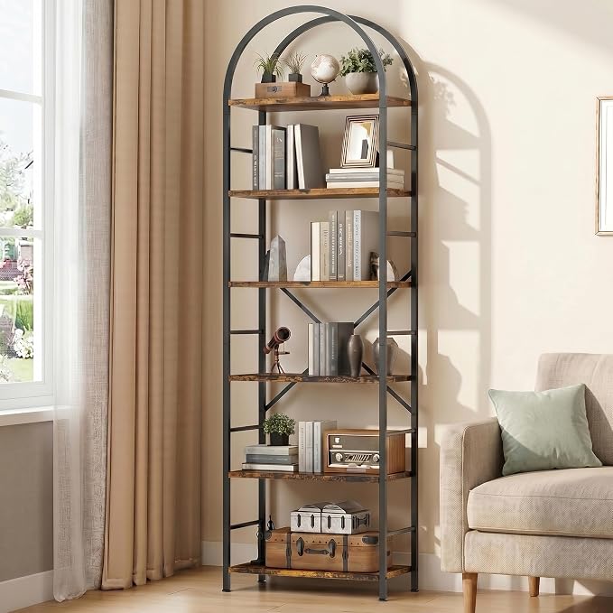 Shintenchi Arched Bookshelf, 6 Tier Bookcase, Tall Storage Shelf, Brown