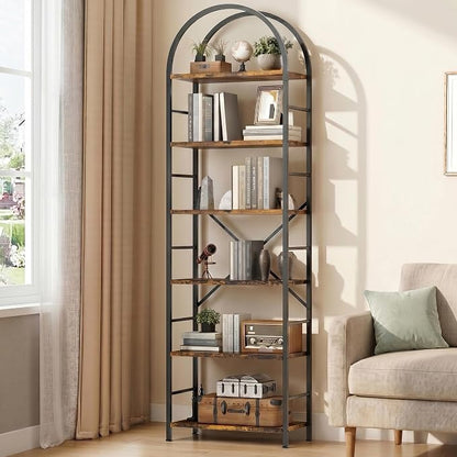 Shintenchi Arched Bookshelf, 6 Tier Bookcase, Tall Storage Shelf, Brown