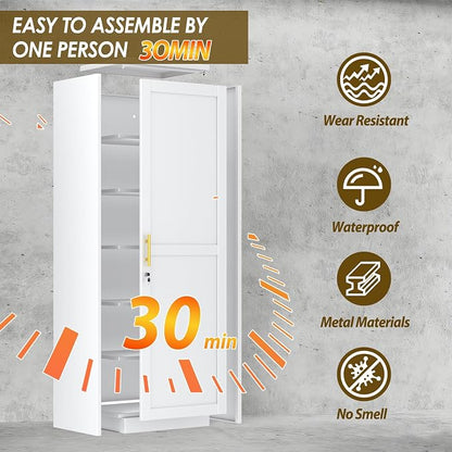 pozdeg 67" Metal Storage Cabinet with Lock, Tall Narrow Office File Cabinets with 5 Adjustable Shelves, Metal Steel Locker for Home, School, Office, Garage or Gym (White)