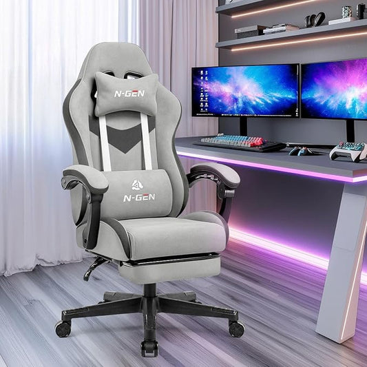 N-GEN GAMING Gaming Chair Video Game Computer Office Desk Use Ergonomic Reclining Backrest Adjustable Armrests Lumbar Support Footrest High Density Foam Breathable Fabric Heavy Duty Base (Grey)
