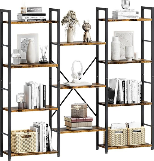 Shintenchi Triple Column 4 Tier Bookshelf, Industrial Large Bookcase Display Shelves, Large Etagere Bookshelf,Wide Book Shelf Book Case for Home & Office, Rustic Brown
