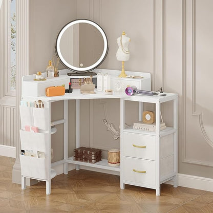 VENNQD Corner Desk with 6 Drawers Shelves for Small Space Computer Desk with Power Outlets,Gaming Desk with Printer Monitor Stand Storage for Home Office Workstation Writing Table (White, 31.5)