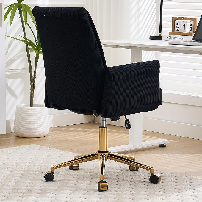 YITAI Stripes Velvet 360°Swivel Desk Chair, Modern Height Adjustable Home Office Armchair with Gold Base and Wheels for Vanity, Comfy Computer Chair for Study Living Room Bedroom（Black）