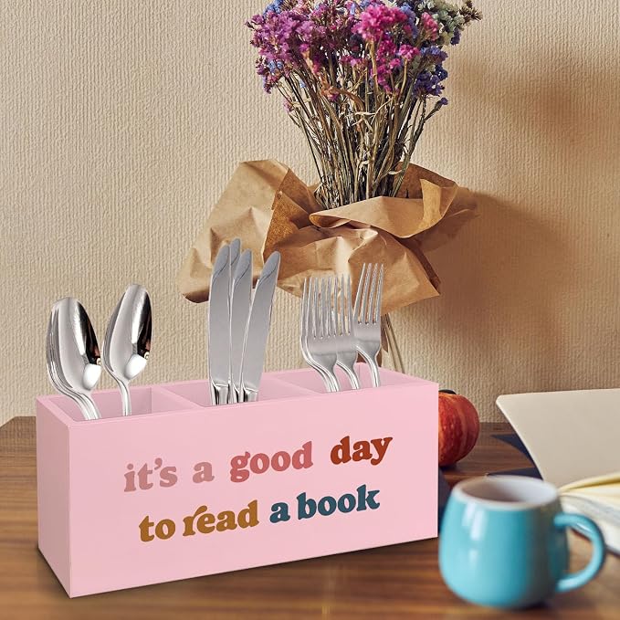 Pink Wooden Bookmark Pen Pencil Holder Decor for Desk, Book Lover Gifts, It's a Good Day to Read a Book Wood Makeup Brush Toothbrush Holder Organizer for Reading Corner Room Library