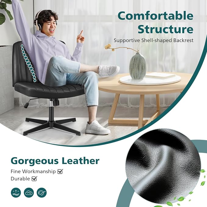 OLIXIS Criss Cross Legged Chairs No Wheels, Wide Seat Height Adjustable Swivel Chair,Padded PU Leather Armless Desk Chair for Home Office Bedroom, Student, Study Room,Black-Pu