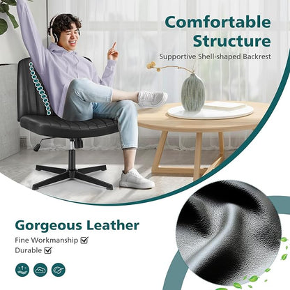 OLIXIS Criss Cross Legged Chairs No Wheels, Wide Seat Height Adjustable Swivel Chair,Padded PU Leather Armless Desk Chair for Home Office Bedroom, Student, Study Room,Black-Pu
