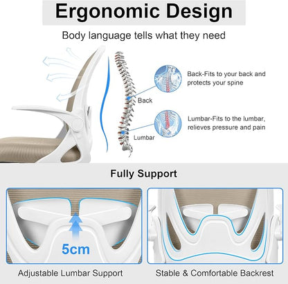 Primy Office Chair Ergonomic Desk Chair with Flip up Armrests Swivel Breathable Desk Mesh Computer Chair with Adjustable Lumbar Support and Height for Conference Room (Khaki)