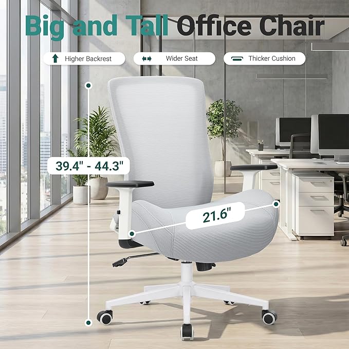 Big and Tall Home Office Desk Chair 400lb Capacity for Heavy People, Ergonomic Wide Mesh Desk Chair with Stepless Recline & Lock, 5.5" Thick Cushion, High Back, Adjustable Height & Armrests