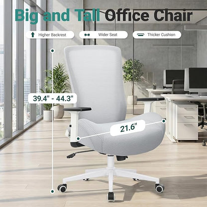 Big and Tall Home Office Desk Chair 400lb Capacity for Heavy People, Ergonomic Wide Mesh Desk Chair with Stepless Recline & Lock, 5.5" Thick Cushion, High Back, Adjustable Height & Armrests