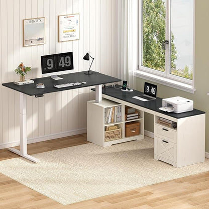 YOMILUVE Farmhouse L Shaped Standing Desk, 66 inch Corner Electric Standing Desk with Drawers ＆ Storage Shelves, Height Adjustable Computer Desk with Power Outlets for Home Office (Black and White)
