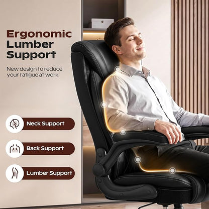 BestGlory Office Chair, Ergonomic High Back Home Office Desk Chair, Big and Tall Breathable Leather Office Chair with Lumbar Support Flip-Up Armrests, Computer Gaming Chair with Rocking Function