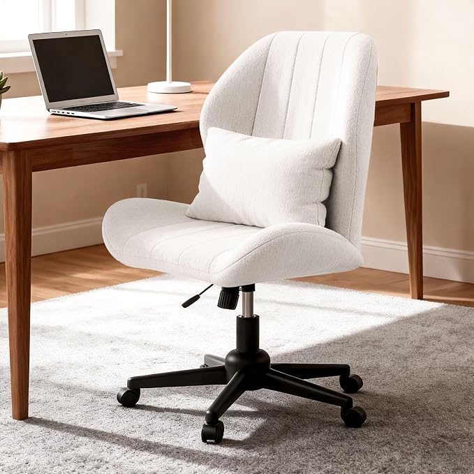 ZZW Criss Cross Chair with Wheels, Wide Cross Legged Office Chair Armless Comfy Desk Chair with Tall Back Vanity Chairs with Stress Relief Curved Design Seat for Bedroom & Office & Home Ivory White