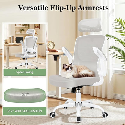 BESTFAIR Office Chair Ergonomic Desk Chair, Breathable Mesh Office Chairs with Adjustable Lumbar Support, Flip-Up Arms, Computer Desk Chair Comfy for Home Office, Light Gray
