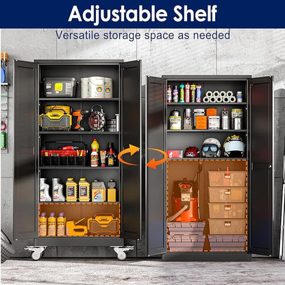 erosoei 71" H Metal Garage Storage Cabinet, Rolling Tool Cabinet with 2 Doors and Wheels, Locker Steel Cabinet with 4 Adjustable Shelves, Organization Cabinet for Garage,Office,Home,Gym,School