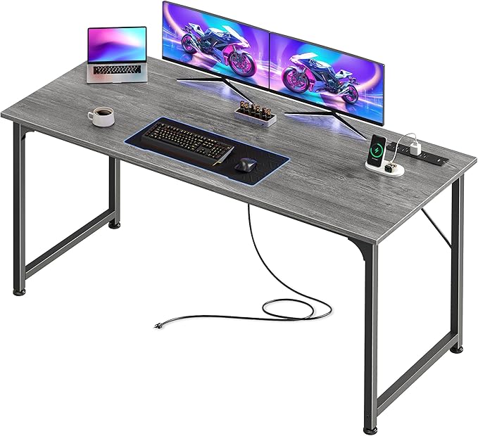 PRAISUN 55 X 20 Inch Office Computer Desk with Power Outlets and USB-C Port, Larger and Longer Gaming Desk, for Home Office, Study, Bedroom, Writing Work from Home Table, Metal Frame, Grey