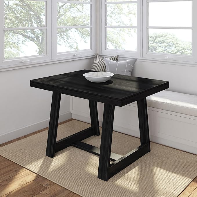 Plank+Beam 48 Inch Farmhouse Dining Table, Rustic Solid Wood Kitchen Table, Dinner Table for Dining Room, Home Office Furniture, Black Wirebrush