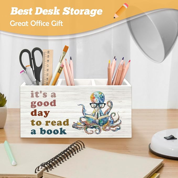 Book Lovers Gifts Octopus Pen Holder Organizer for Desk Accessories, It's a Good Day to Read a Book Wooden Box Sign Desk Decorations for Kids Classroom Reading Room Corner Nook Decor