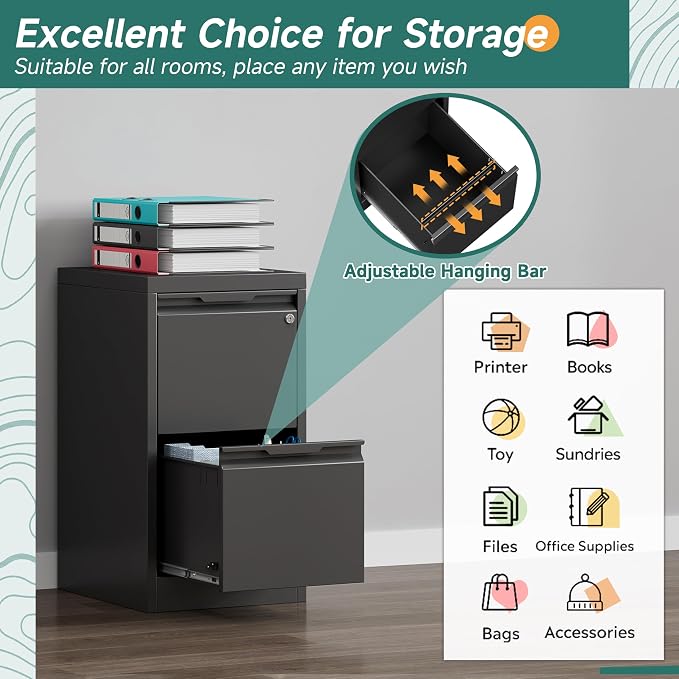 2 Drawer Metal Vertical File Cabinet with Lock, 17.8 Inch Depth Under Desk Small Filing Cabinet, Fits Letter & Legal Size Files for Home Office, Easy to Assemble