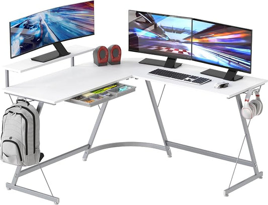SHW 51 x 51 Inches Vista L-Shaped Desk with Monitor Stand and Drawer, White