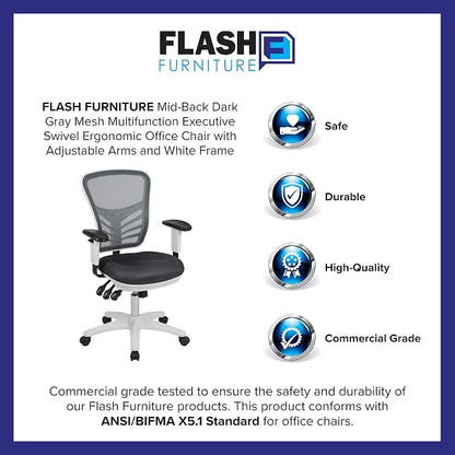 Flash Furniture Nicholas Mid-Back Swivel Office and Gaming Chair, Ergonomic Mesh Office Chair with Adjustable Lumbar Support and Height, Gray/White