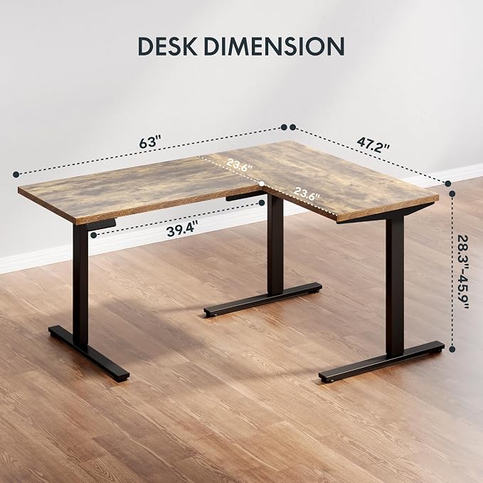 SANODESK L Shaped Electric Standing Desk with Drawer, 63 Inch Ergonomic Adjustable Height Desk with Storage, Corner Desk Sit Stand up Computer Table for Work Office Home, Rustic Brown