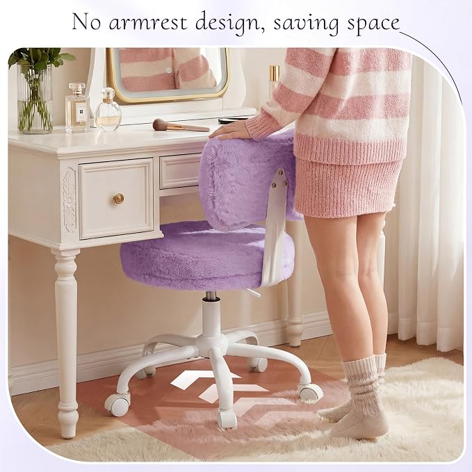 Homkdom Vanity Chair with Wheels, Cute Desk Chair with Bow Backrest, Fluffy Faux Rabbit Fur Small Office Chair for Vanity, Make-up Room, Bedroom, Dorm, Height Adjustable, Purple