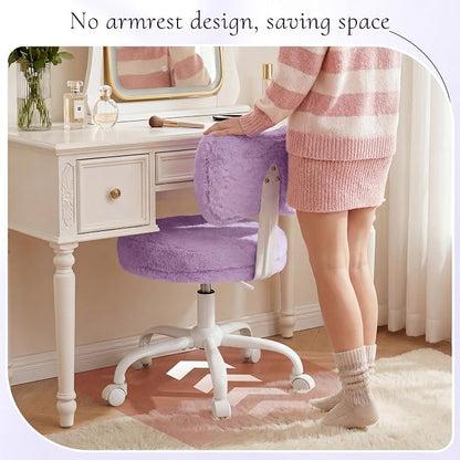 Homkdom Vanity Chair with Wheels, Cute Desk Chair with Bow Backrest, Fluffy Faux Rabbit Fur Small Office Chair for Vanity, Make-up Room, Bedroom, Dorm, Height Adjustable, Purple