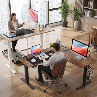 63” L Shaped Standing Desk with Charging Station,Supports Left and Right Swapping,Electric Height Adjustable Corner Stand Up Desk.Free Hook, Lockable Wheels,Mouse Pad,Brown