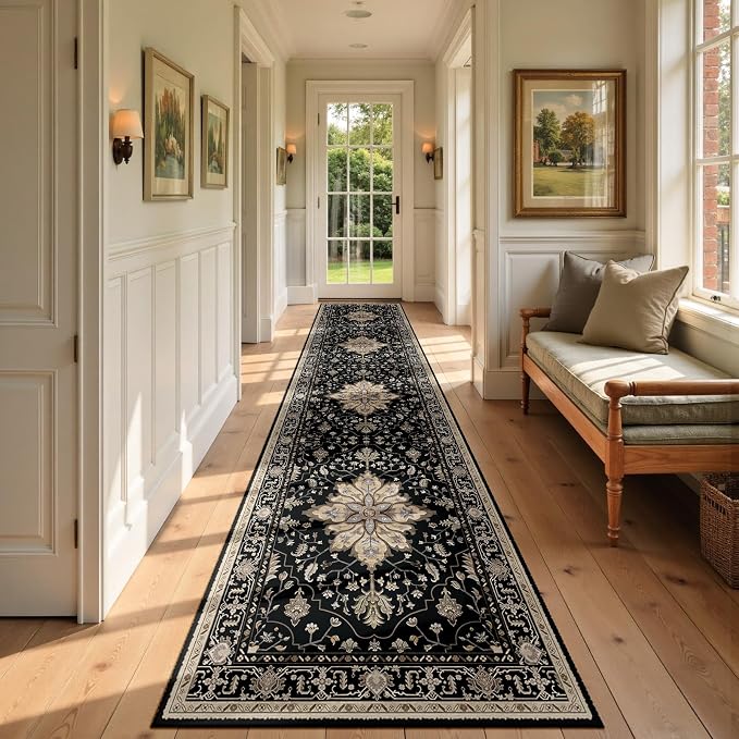 RELEANY Area Rugs Runner 2'6"x10' Washable Non-Slip, Floral Vintage Distress Medallion Carpet for Kitchen Hallway Bedroom Beside Laundry Room Bathroom, Black Brown Neutral Dark Tan
