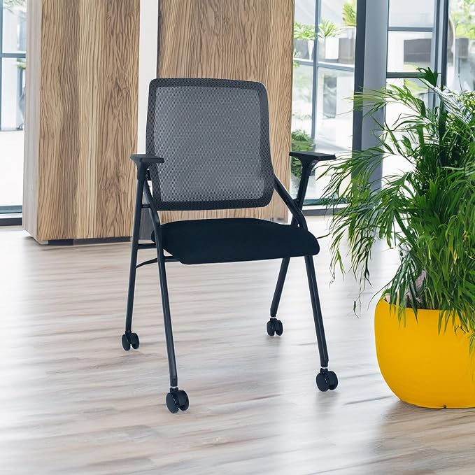 Updated Conference Room Chairs, Folding Office Desk Chair with Lumbar Support and Sliding Armrest with Casters, Stackable Office Guest Chairs & Reception Chairs, 1 Pack Grey