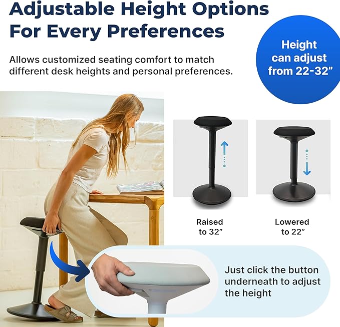 Backerz Standing Desk Stool Chair, Height Adjustable Stool 21-31 inch for Office and Classroom, Swivel Stool, Anti-Slip Bottom Ergonomic Wobble Stool with Rocking Motion, Black