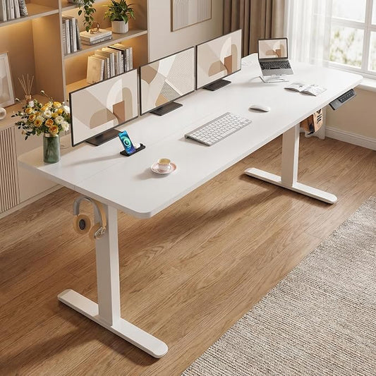 Electric Standing Desk with Wheels, 63'' x 24'' Standing Desk Adjustable Height with Charging Station, 2 USB Ports, 3 Power Outlets, 4 Caster, 27''-46'' Lifting Range Stand up Desk(White)