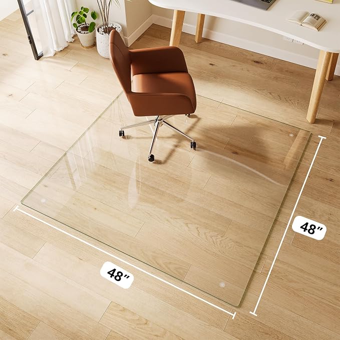 Glass Chair Mat 48" x 48" Heavy Duty Tempered Glass Office Chair Mat, Glass Floor Mat with Round Corner and Polished Edge for Smooth Glide, Office Chair Mat for Carpet, Hardwood Floor