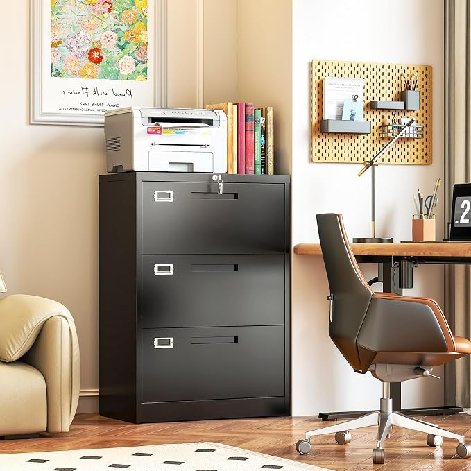 Metal Lateral 3 Drawer File Cabinet, Wide Filing Cabinet with Lock for Home Office Organization Hanging Files Letter/Legal/F4/A4 Size (Black, Assembly Required)