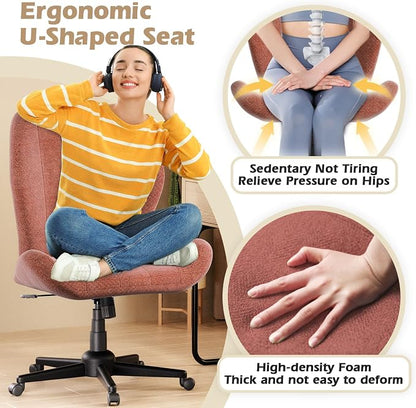 ZZW Criss Cross Chair with Wheels, Wide Cross Legged Office Chair Armless Comfy Desk Chair with Tall Back Vanity Chairs with Stress Relief Curved Design Seat for Bedroom & Office & Home Red Orange