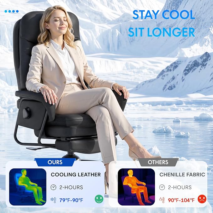 FLEXISPOT Cooling Ergonomic Office Chair with Footrest Indoor Lounge Computer Chair with 90-165° 4-Level Reclining, Chairs for Working Relaxing Sleeping, Tech Cooling Leather with 0.4 Q-Max, Black