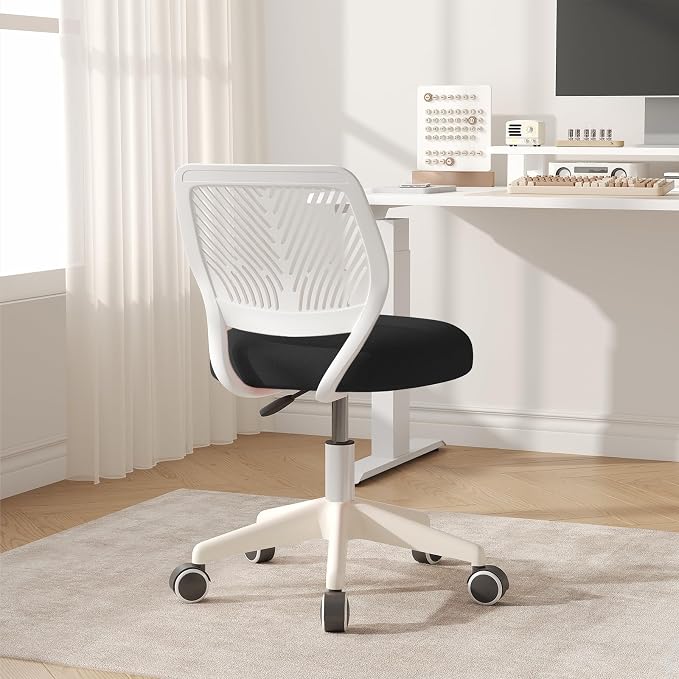 Armless Desk Chair Swivel Office Rolling Chair with Soft Padded Cushion, Height Adjustable Small Task Chair, Ergonomic Study Computer Chair for Kids Girls Boys Teens (Black White, 2PCS)
