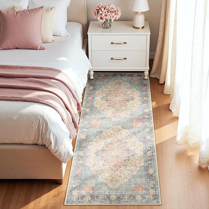 RELEANY Area Rugs Runner 2'x8' Washable Non-Slip, Floral Vintage Distress Medallion Carpet for Kitchen Hallway Bedroom Beside Laundry Room Bathroom, Blue Orange Red