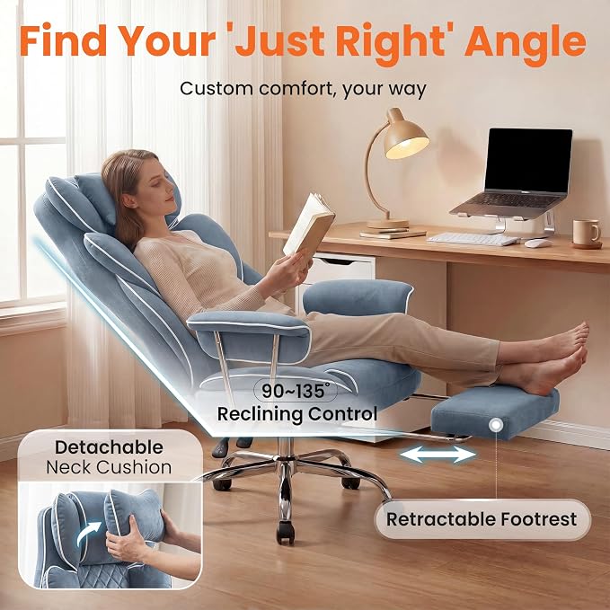 NEO CHAIR Big and Tall Office Chair Gaming Computer Chair High Back Heavy Duty Desk Chai with Lumbar Support Adjustable Recliner Footrest Wide Seat Fabric Executive Home with Wheels (Fabric Blue)
