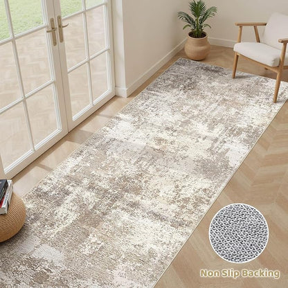 Runner Rug Kitchen Washable Rugs: 2x10 Non-Slip Abstract Soft Modern Stain Resistant Indoor Floor Neutral Accent Throw Carpet for Hallway Bathroom Laundry Room Entryway Bedroom- Beige Brown