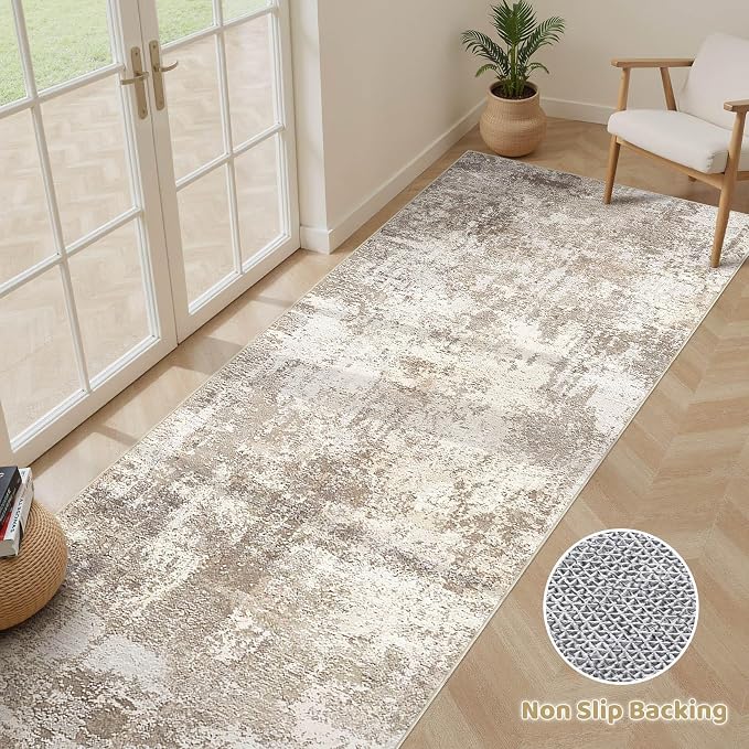 Runner Rug Kitchen Washable Rugs: 3x8 Non-Slip Abstract Soft Modern Stain Resistant Indoor Floor Neutral Accent Throw Carpet for Hallway Bathroom Laundry Room Entryway Bedroom- Beige Brown