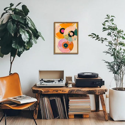 Vintage Vinyl Record Wall Art - Framed Canvas Music Decor for Living Room & Studio, Colorful Abstract Oil Painting in Wood Frame, Retro Record Player Print for Bedroom 12x16 inch