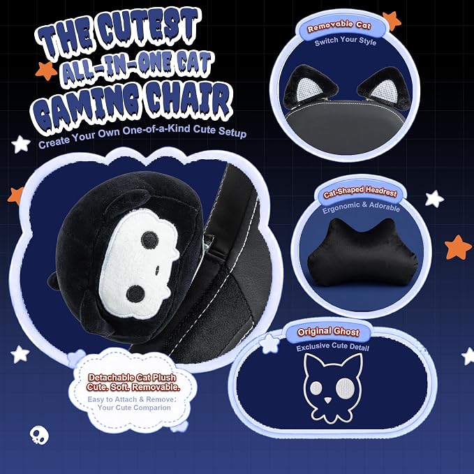 Dowinx Gaming Chair with Cat Ears and Massage Lumbar Support, Ergonomic Computer Chair with Footrest and Headrest, Comfortable Reclining Game Chair 290lbs for Adults, Black