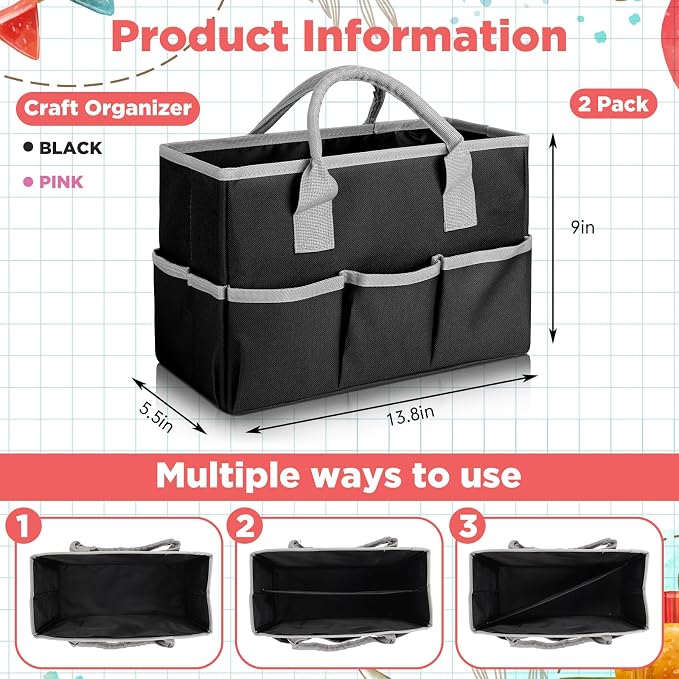 Tellingyou 2 Pcs Art Craft Tote Bag Teacher Craft Organizers and Storage Bag Desktop Tote Supply 600d Oxford Classroom Organizer Caddy Gift for Crafters Christmas Office(Black, Pink)