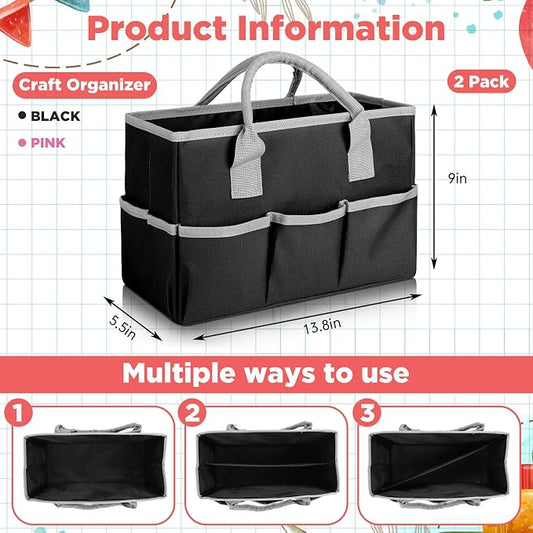 Tellingyou 2 Pcs Art Craft Tote Bag Teacher Craft Organizers and Storage Bag Desktop Tote Supply 600d Oxford Classroom Organizer Caddy Gift for Crafters Christmas Office(Black, Pink)