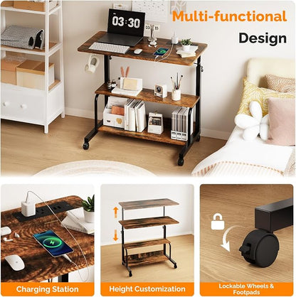 VINGLI 31.5" Mobile Small Standing Desk, Adjustable Height Mobile Computer Desk, w/2 AC Outlets + 3 USB Ports & Hooks, Storage Shelves, Suitable for Gaming, Studying, Home Office, Vintage Brown
