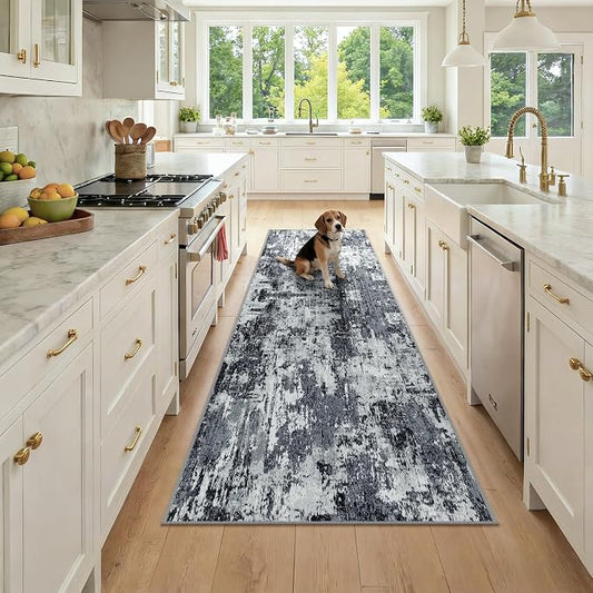 RELEANY Washable Area Rugs 2'6"x8 Non-Slip Modern Abstract Soft for Living Room Entryway Bedroom Kitchen, Print Pattern, Black Navy Blue Gray